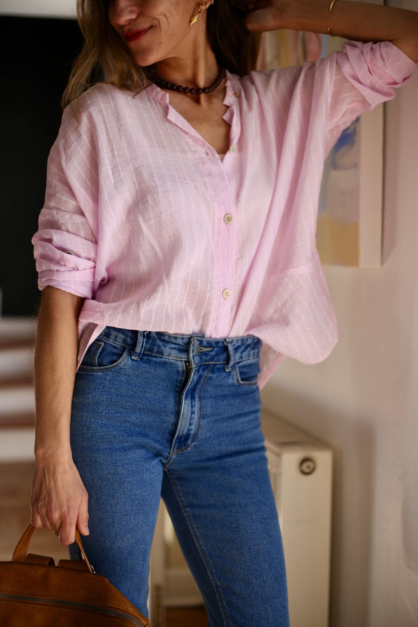 BLUSA SARITA RAYAS ROSADA.
