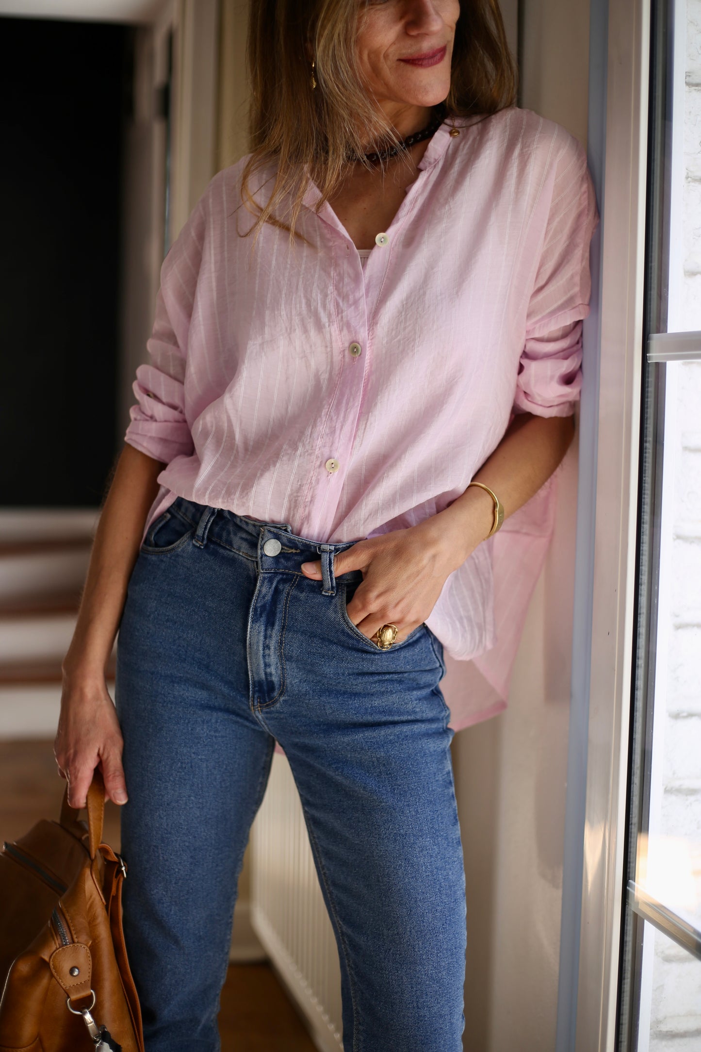 BLUSA SARITA RAYAS ROSADA.