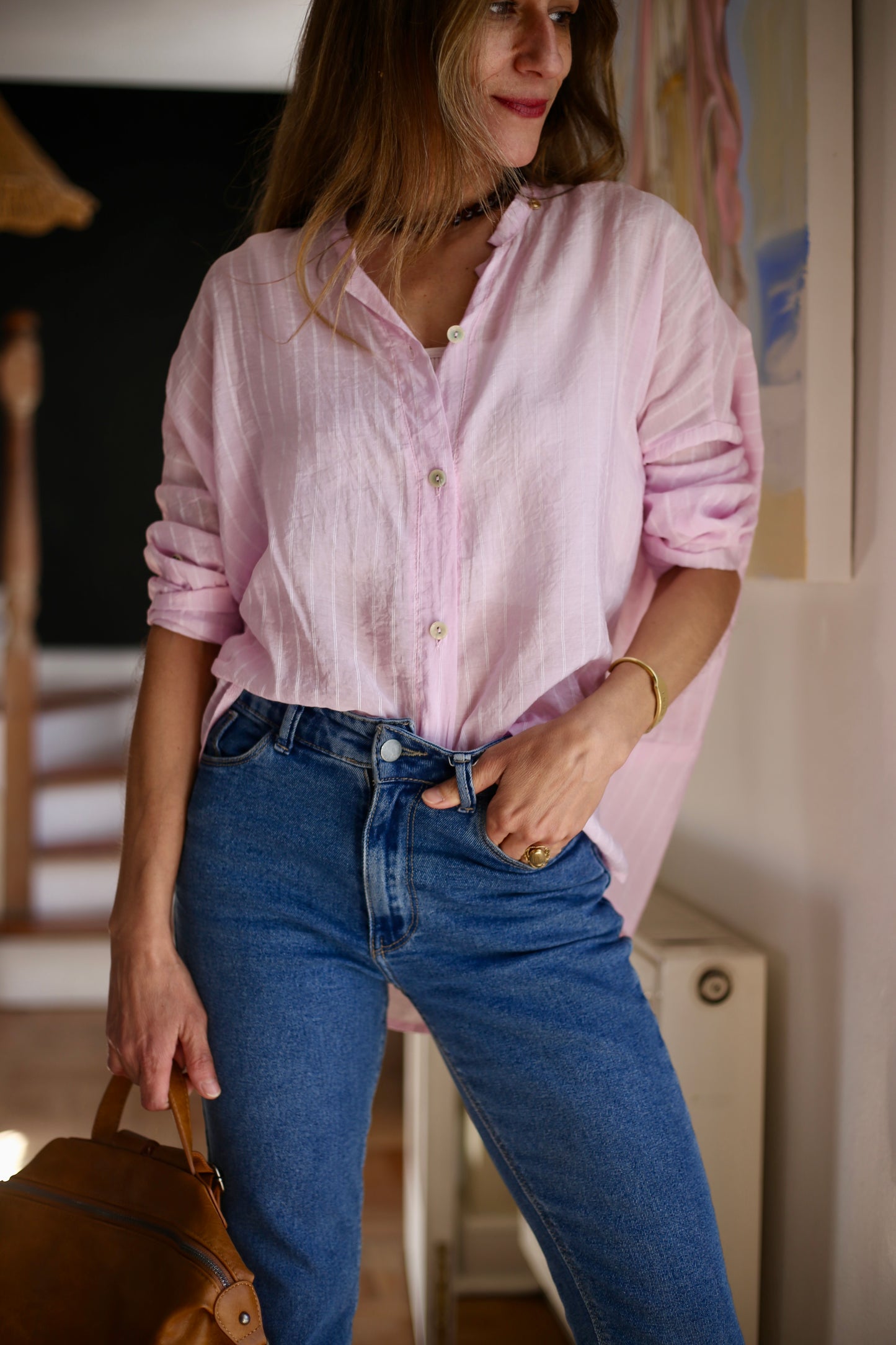 BLUSA SARITA RAYAS ROSADA.