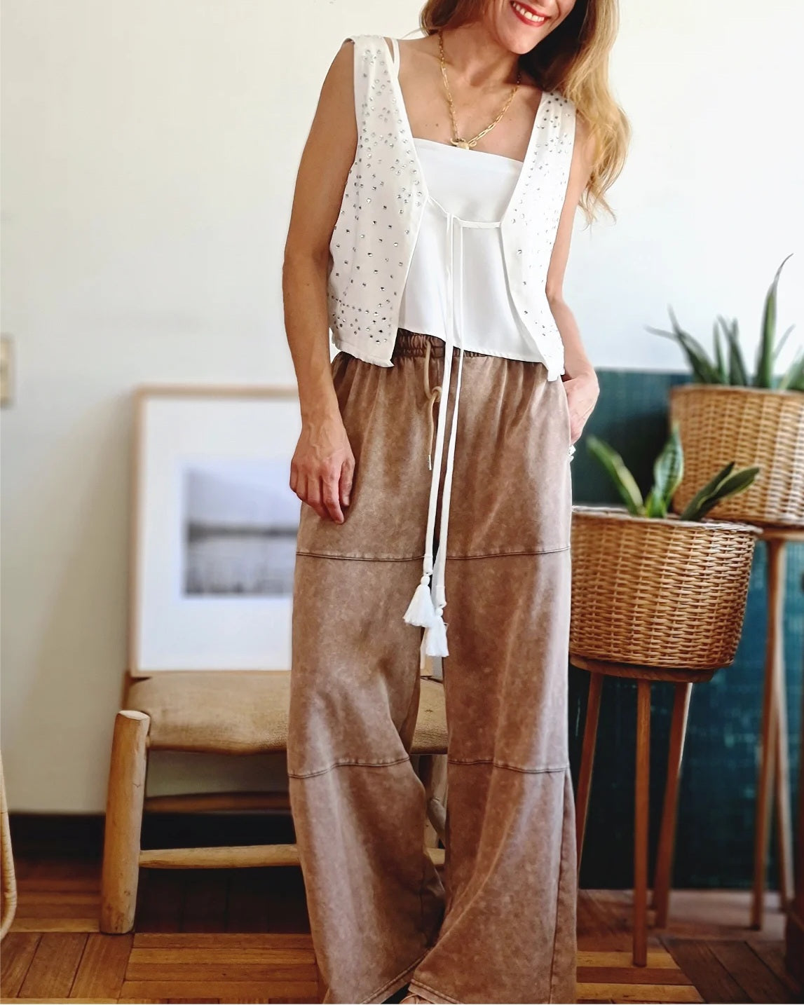 PANTALON ALGODON BEIGE DESGASTADO -10% DE DCTO.