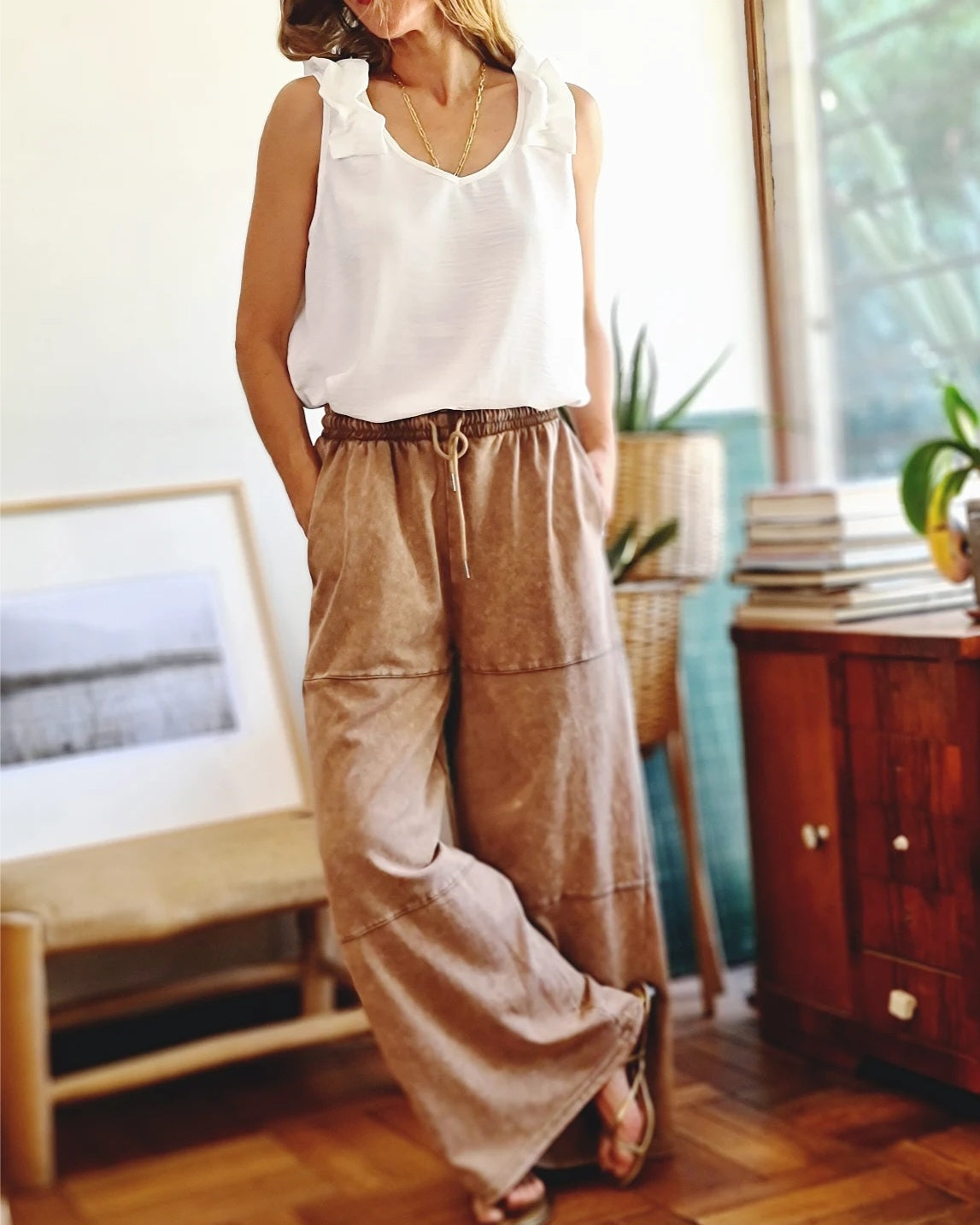 PANTALON ALGODON BEIGE DESGASTADO -10% DE DCTO.
