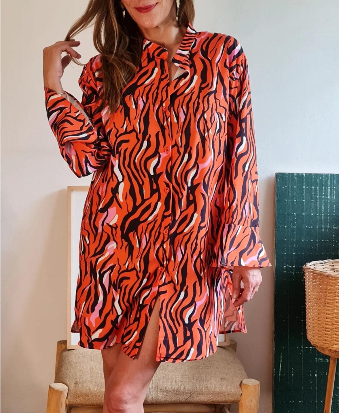VESTIDO CAMISA PRINT NARANJO/FUCSIA -40% DE DCTO. - Quemepongo