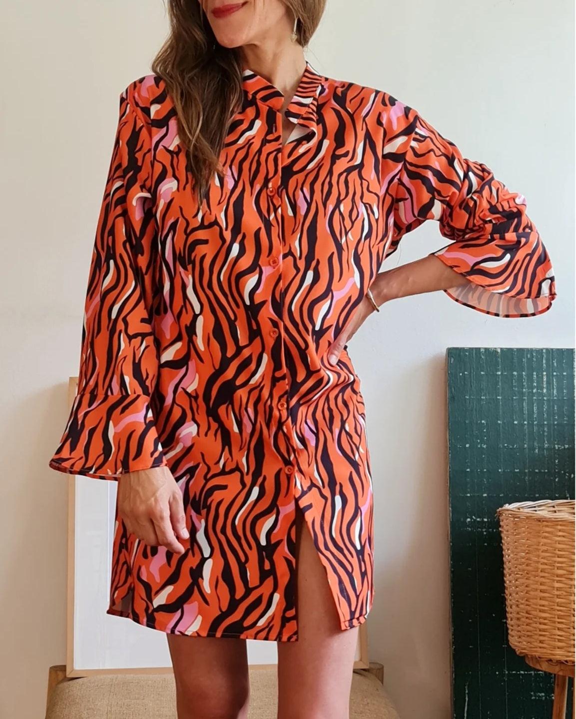 VESTIDO CAMISA PRINT NARANJO/FUCSIA -40% DE DCTO. - Quemepongo