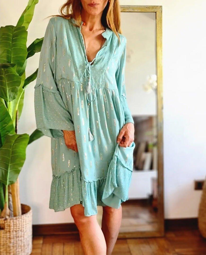VESTIDO PALOMA VERDE AGUA -60% DE DCTO. - Quemepongo