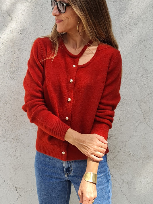 CHALECO DESIGUAL ROJO LADRILLO.