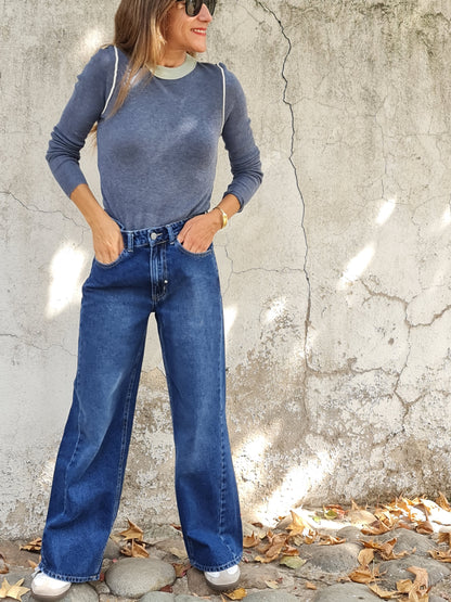 SWEATER MACA GRIS SUAVE/VERDE AGUA.