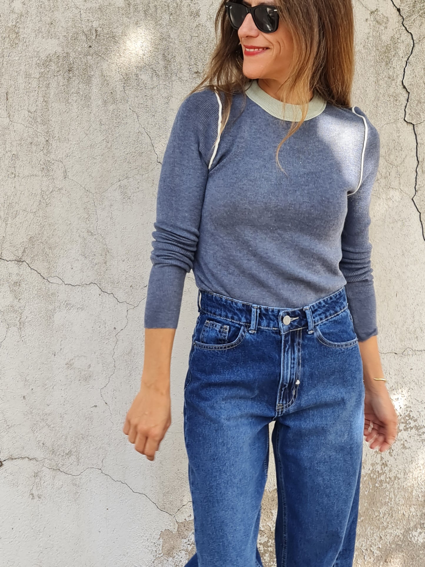 SWEATER MACA GRIS SUAVE/VERDE AGUA.