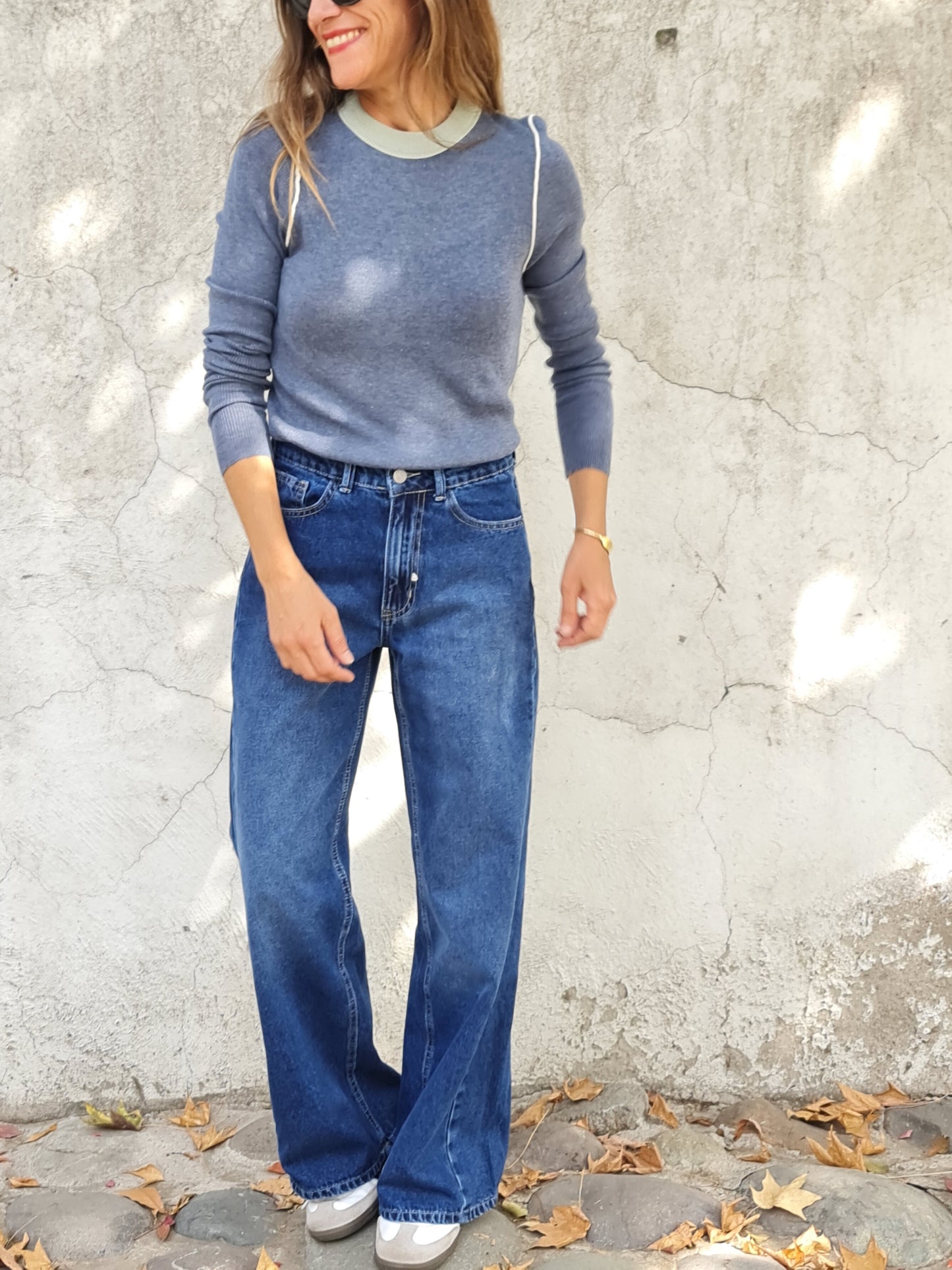 SWEATER MACA GRIS SUAVE/VERDE AGUA.
