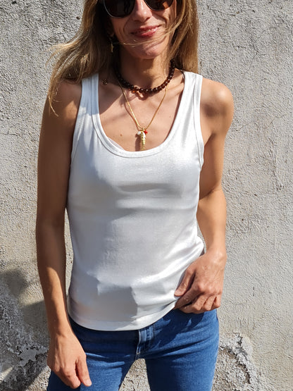 POLERA METALIZADA BLANCA/PLATA.