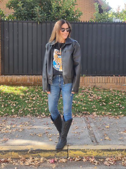 CHAQUETA ECO CUERO CAFE OSCURO -50% DE DCTO.