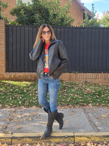 CHAQUETA ECO CUERO CAFE OSCURO -50% DE DCTO.