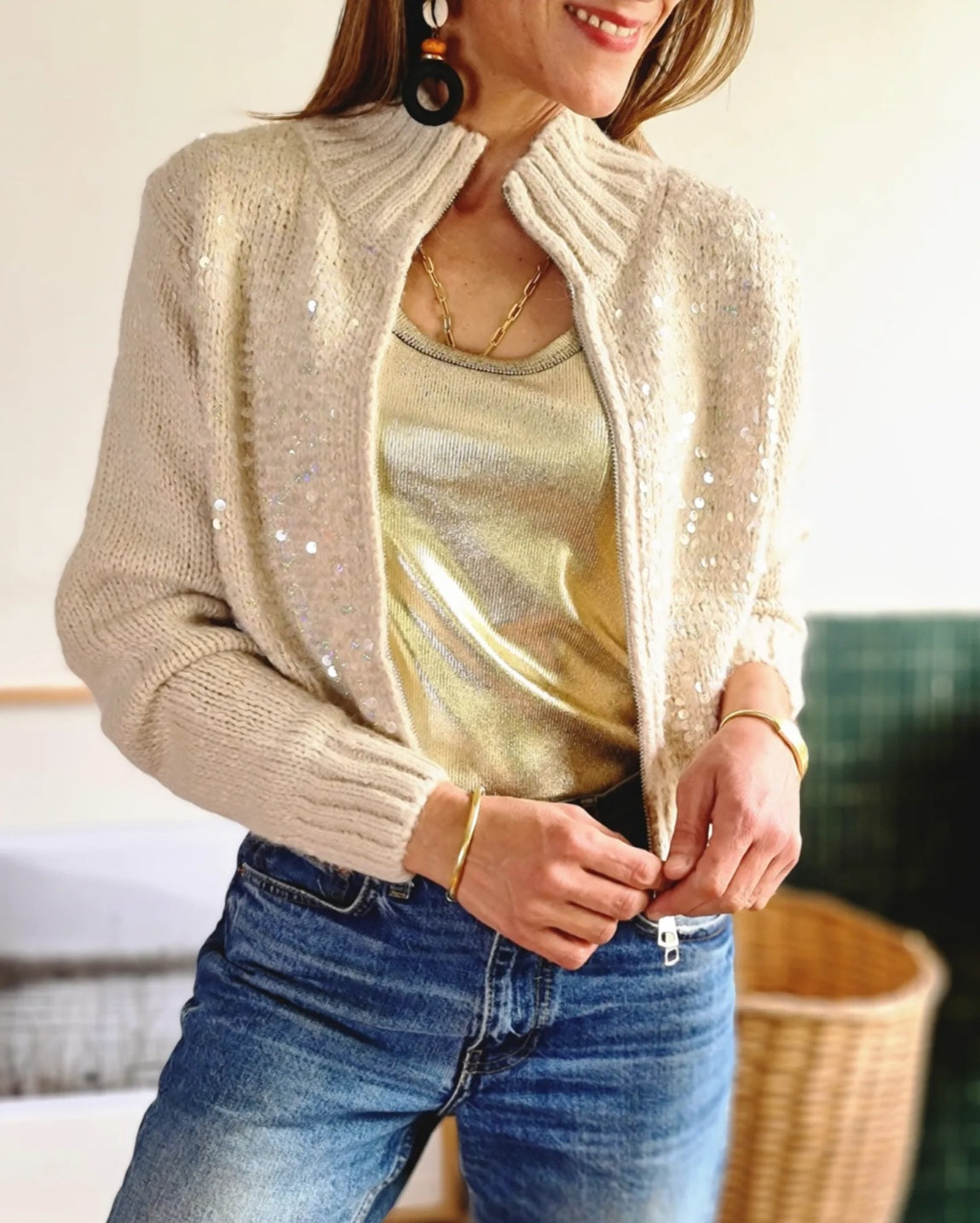 Chaleco Lentejuelas Beige. - Quemepongotienda