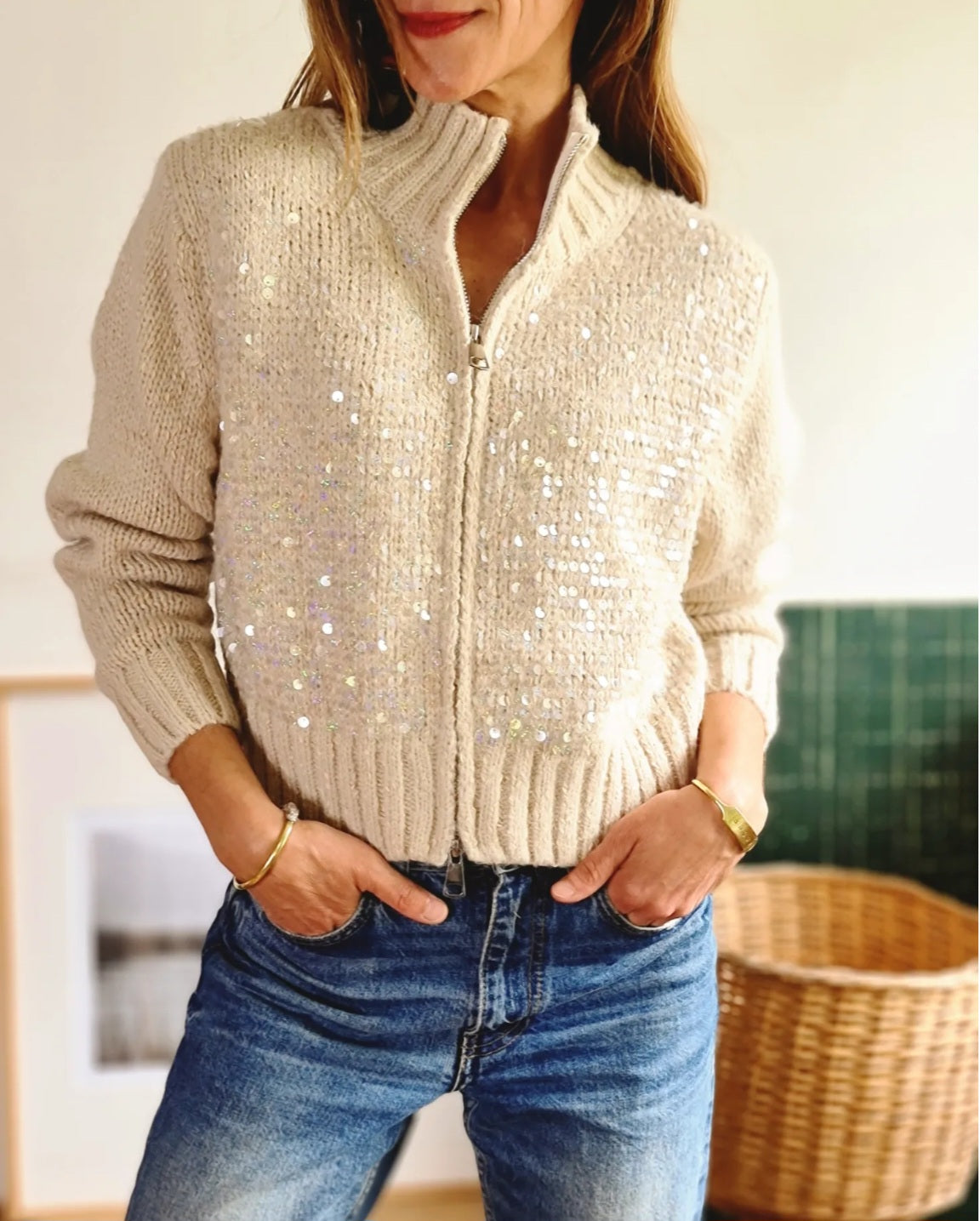 Chaleco Lentejuelas Beige. - Quemepongotienda