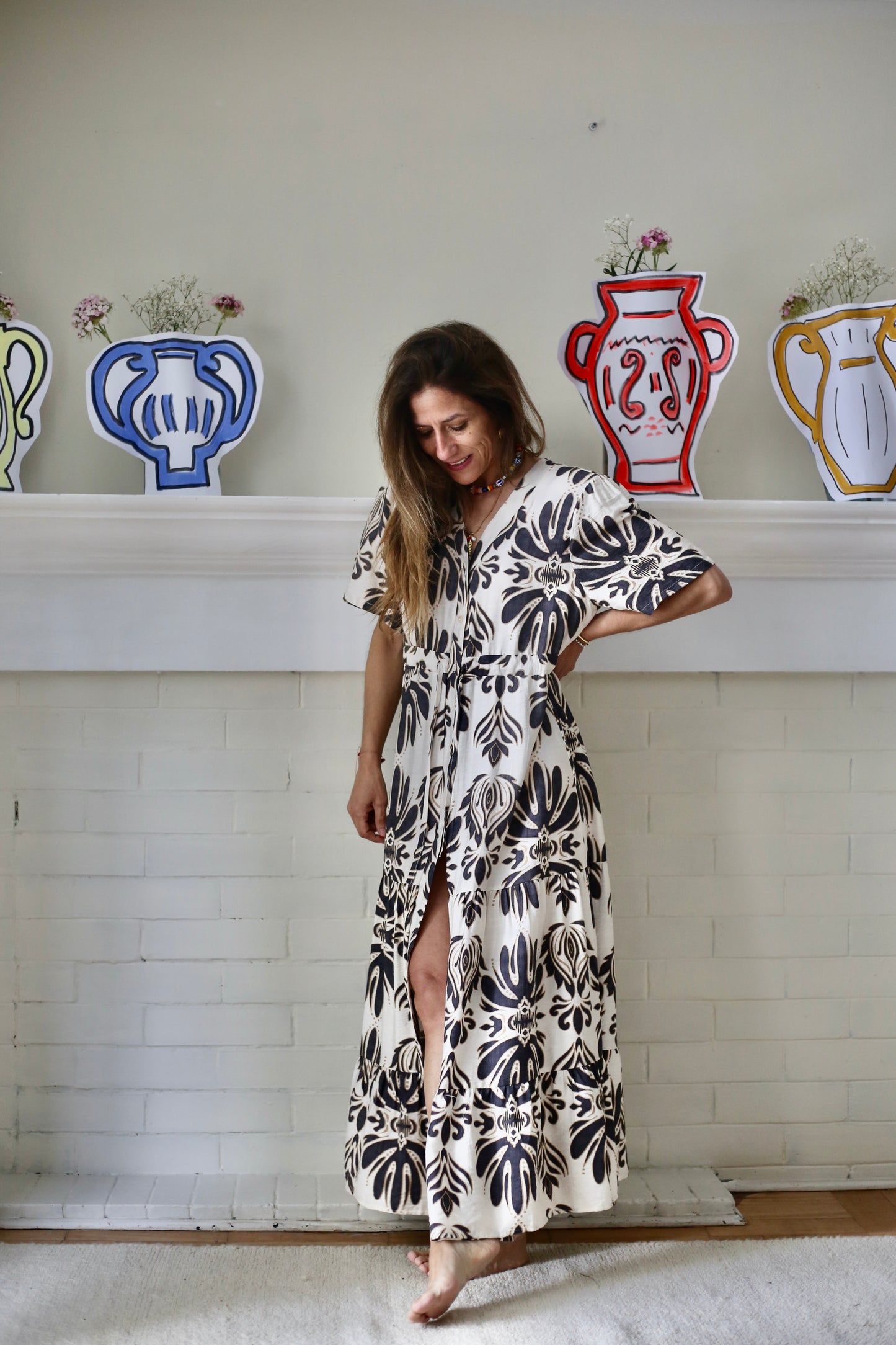 VESTIDO  LORETO CREMA/ GRIS -15%DCTO.