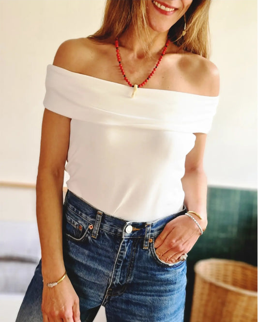 Polera Hombros Caidos Blanca. - Quemepongotienda