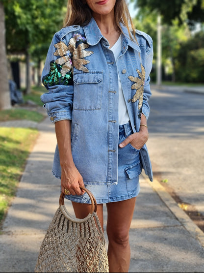 CHAQUETA JEANS FLOR LENTEJUELA.