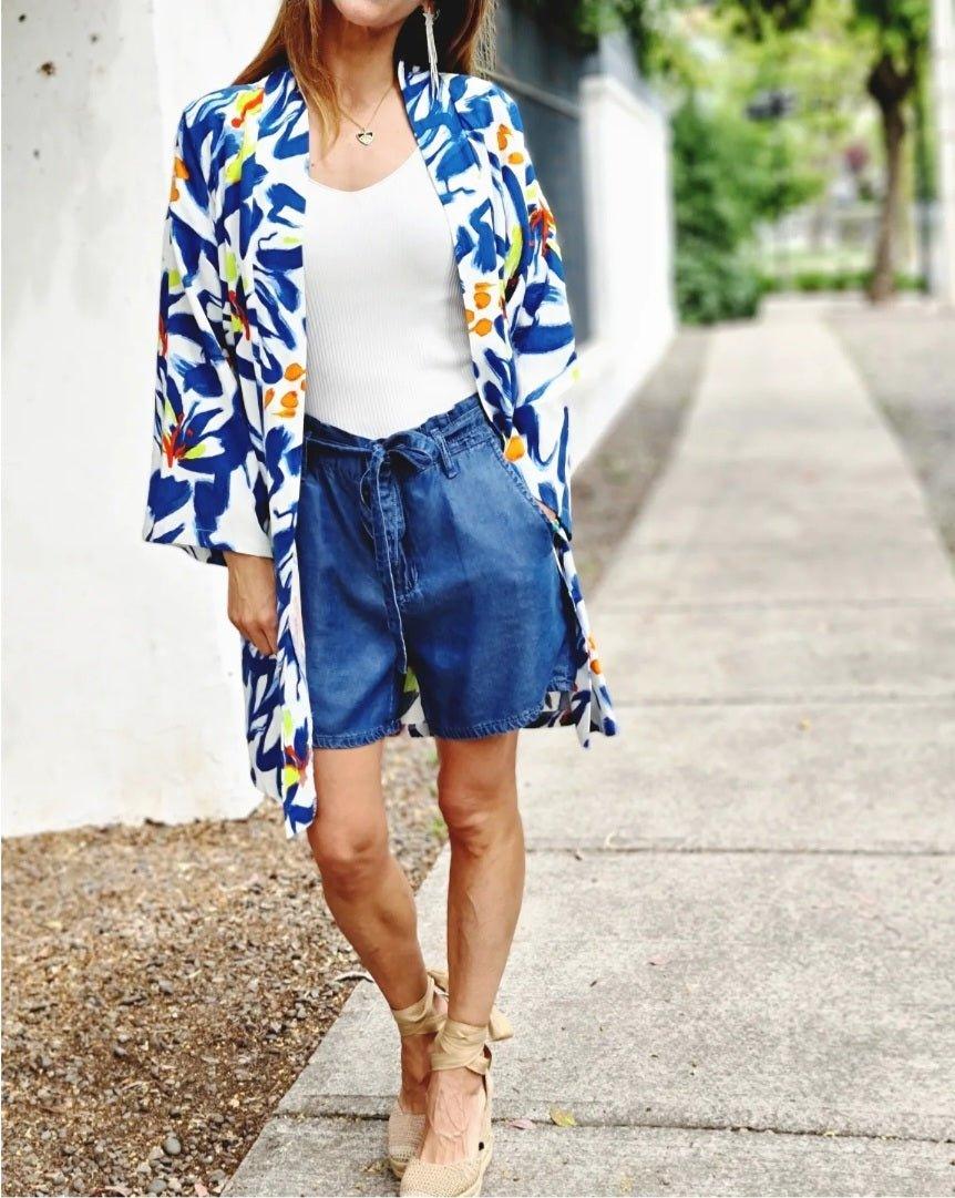 Kimono Lino Flo Azul - Queme Pongo Tienda