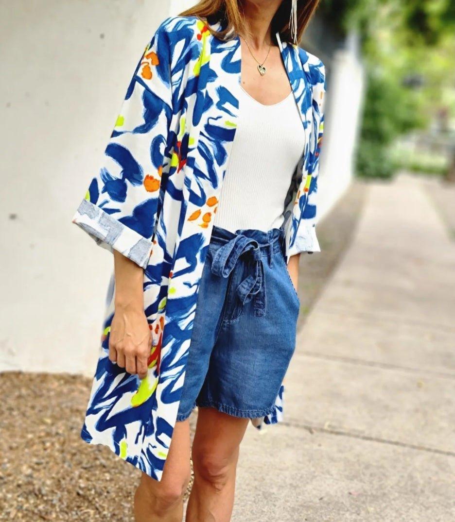 Kimono Lino Flo Azul - Queme Pongo Tienda